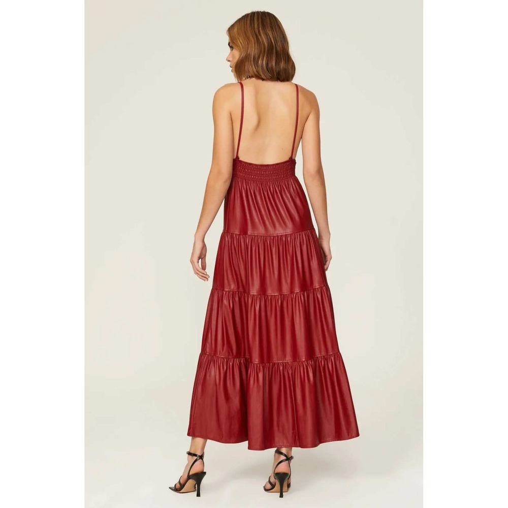 Derek Lam 10 Crosby Red Faux Leather Tiered Spaghetti Strap Maxi Dress Size 4 - Picture 2 of 10